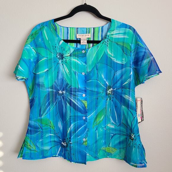 Vintage Tops - Vintage 90's Notations Floral Stripe Blue Green Boxy Top Blouse Large Petite